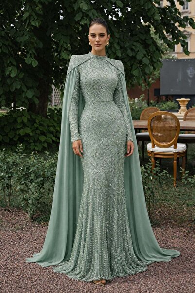 Olcay Pelerin Detaylı Taş ve Pul Bezeli Exclusive Tesettür Abiye Elbise MİNT ...
