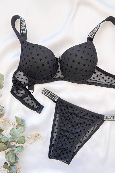 DNR İç Giyim Polka Dot Stone Strap Supported Bra Set Black