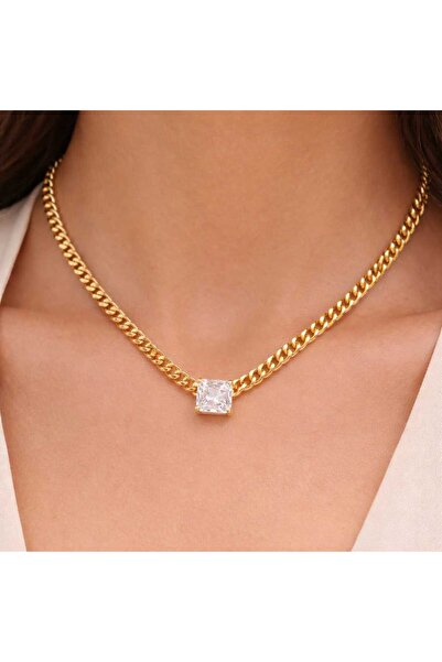 shesra 14K Baget Taşlı Kalın Zincir Kolye