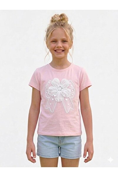Bambam Момичешка розова кроп тениска - Лятна тениска с перлен и тюлен флорале...