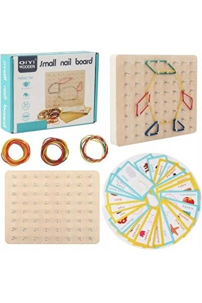 SARALMA Placa educativa din lemn geoboard cu elastice colorate si carduri ilu...