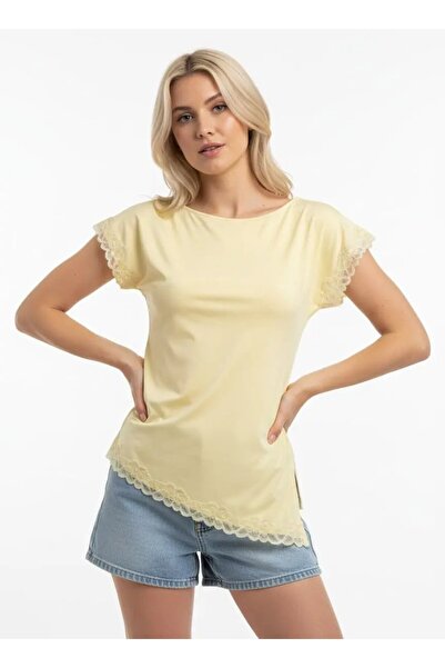 Park Karon Women's Boat Neck Gathered Side Slit Lace Detail Combed Cotton Blo...