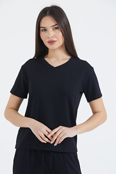 THIFF GYMWEAR Γυναικείο μπλουζάκι από ύφασμα Modal με λαιμόκοψη V και κοντό μ...