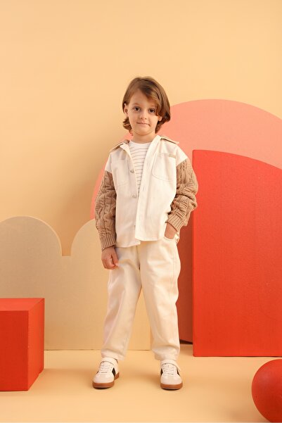 Patique Kids طقم ثلاثي من سترة وبنطلون وسويت شيرت قطني للأولاد بلون إكرو