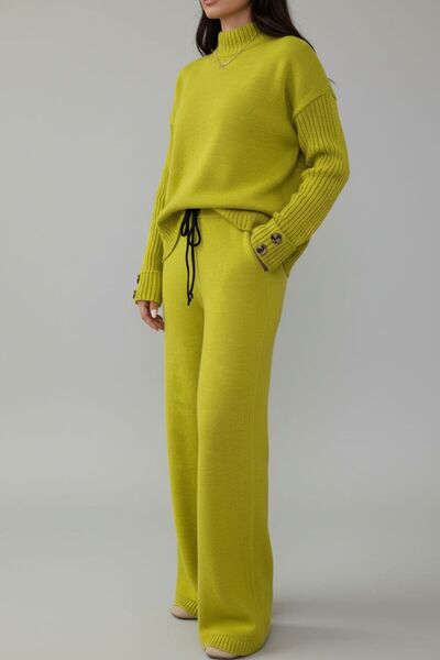 NEWC Women's Button Detailed Sweater Loose-Legged Pants Bottom Top Double Kni...