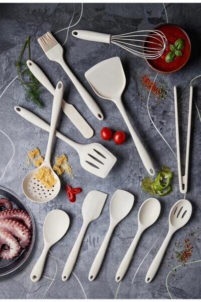 NEOFLAM Silikon Bej 12 Parça Servis Kaşık Sıyırma Spatula Kevgir Maşa Seti