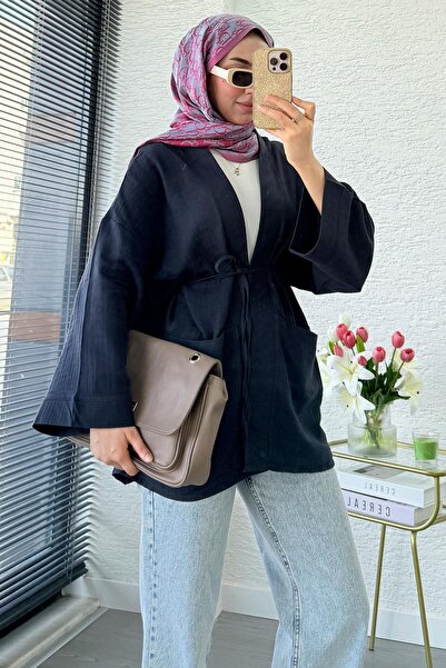 MELEK ARAZ Муслінове кімоно з кишенями та поясом - темно-синє