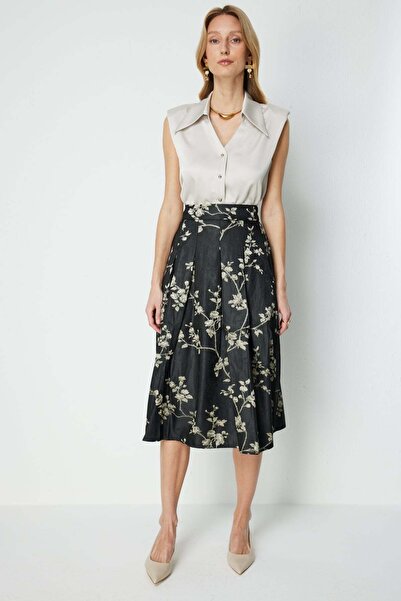 Ekol Спідниця міді з квітковою вишивкою та плісами