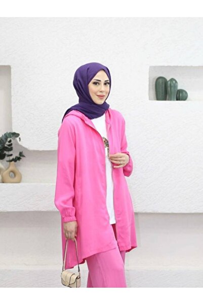 Suede Style 9026 - Comfortable Zippered Pocket Hooded Long Tunic
