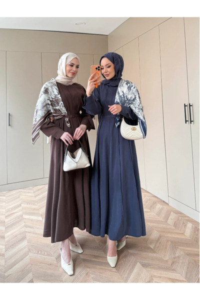 secret of VALORIA Stylish Comfortable Hijab Dress with Scarf and Belt Brown