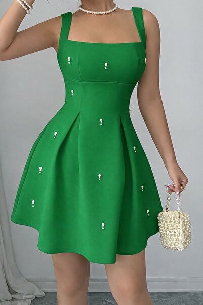 Deafox Light Green Square Neck Strap Dress with Pearl Detail and Pleated Crep...