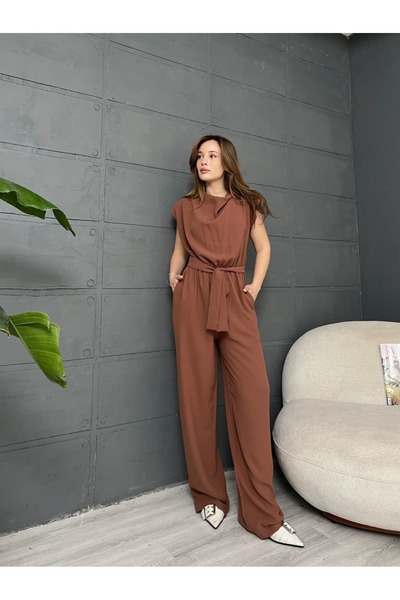 MODAMERSİ Women's Brown Shoulder Padded Belted Jumpsuit