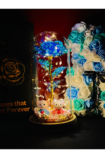 MyRavadino ™ Trandafir în cupolă de sticlă cu lumini LED, 22 cm, albastru cu ...