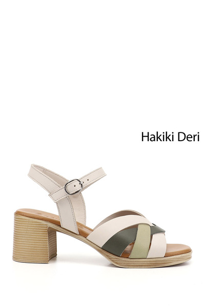 GÖNDERİ(R) Women's Beige Antique Thick Heeled Genuine Leather Sandals