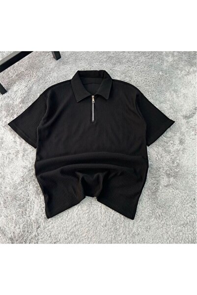 HerTarzınTrendi Corded Ottoman Premium Fabric Half Zipper Basic Polo Collar U...