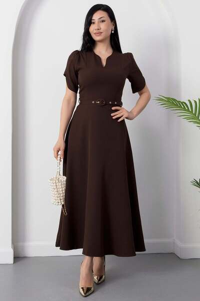 PULLIMM V-Neck Flounce Sleeve Belted Dress Grs3906