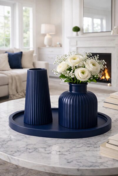 StoneVia Lacivert Çizgili Dekoratif Vazo Seti 3’lü – Tepsili Modern Salon Aks...
