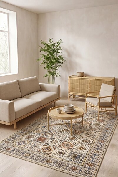 GECE HOME Dijital Kaymaz Baskılı Çini Desenli Yıkanabilir Salon Halısı Mutfak...