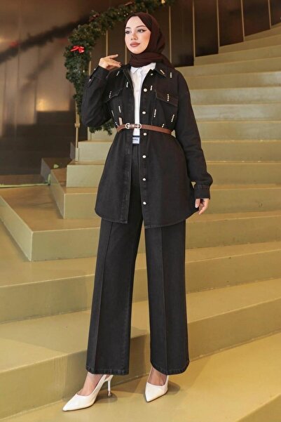 Modamihram Σετ τζιν με πέτρινη λεπτομέρεια και τσέπες, μαύρο 19307