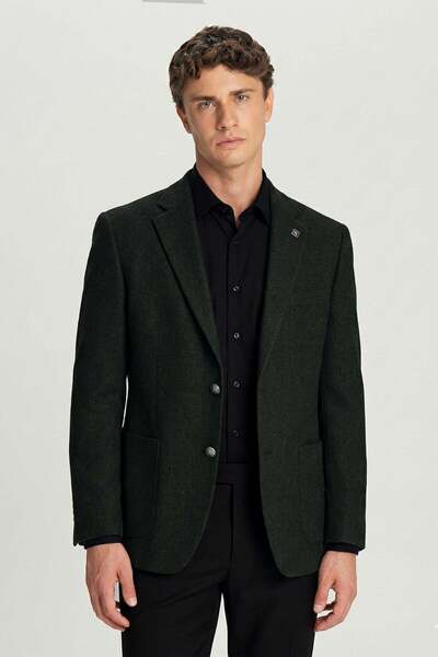 Sabri Özel Green Slim Fit Wool Blend Mono Collar Patterned Men's Jacket