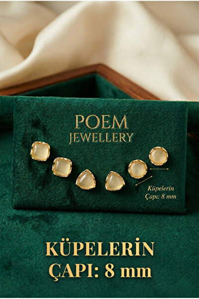 POEM JEWELLERY 18 Ayar Altın Kaplama Opal Cam Taşlı Kare Yuvarlak Üçgen 3 Çif...