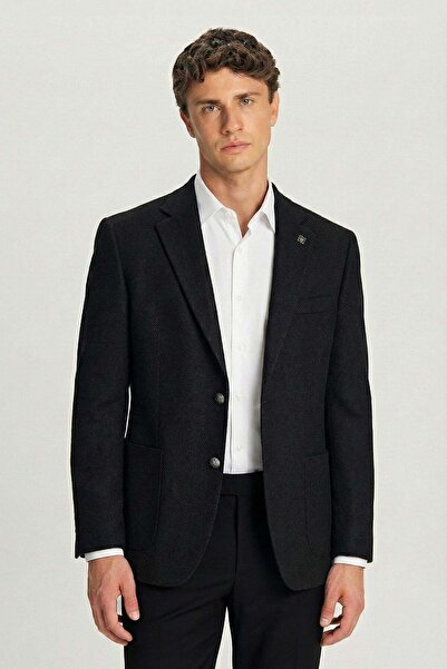 Sabri Özel Black Slim Fit Wool Blend Mono Collar Patterned Men's Jacket