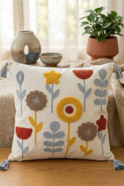 Valmia Home غطاء وسادة مطرز خصيصًا بنمط زهور زرقاء من القطن - مزين بالشراشيب ...