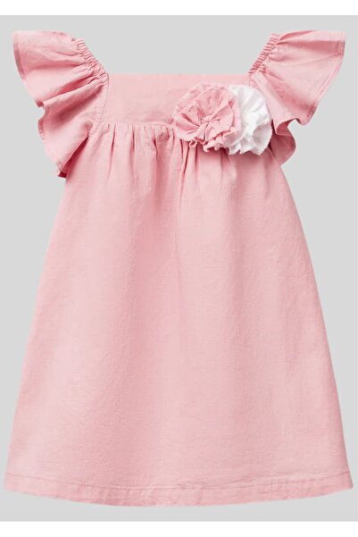 Benetton Βρεφικό ροζ λινό φόρεμα με βολάν - Με λεπτομέρεια λουλουδιών και κέν...