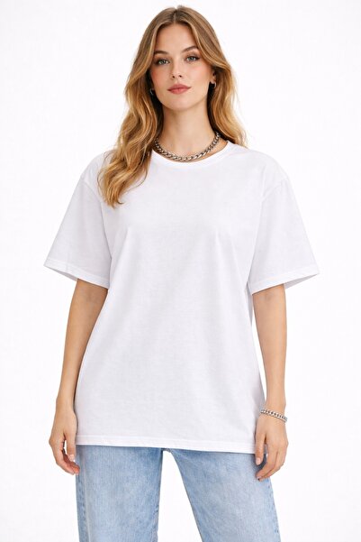 Lizbon Style Tricou de bază oversize pentru femei, alb, cu guler subțire, 100...