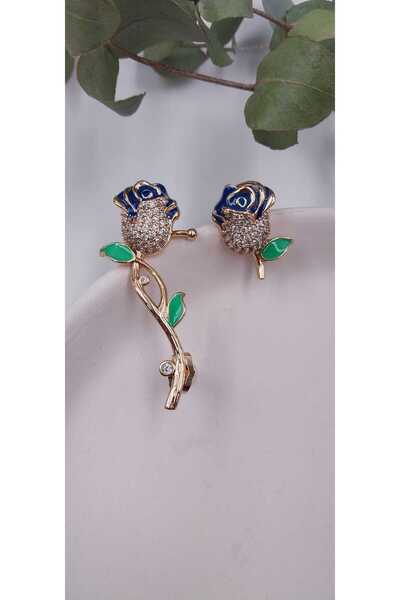 Yaseminli Butik Rose Shaped Blue Enamel Stone Earcuff Earrings