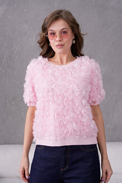 Arbucky Women's Crew Neck Organza Floral Knitwear Blouse
