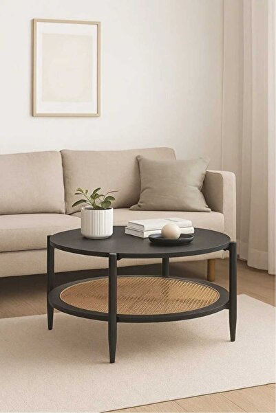 Arnohome طاولة قهوة من خشب الحبوب مع رف تخزين دائري من الخيزران باللون الاسود...