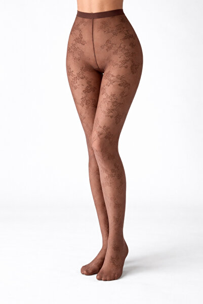 LM Kahverengi Çiçek Desenli İnce Külotlu Çorap