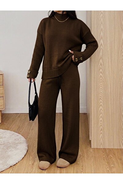 NLT Women's Ribbed Side Slit Detailed Buttoned Half Fisherman Knitwear Set -N...