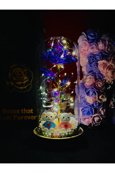 MyRavadino ™ Trandafir în cupolă de sticlă cu lumini LED, 22 cm, mov cu figur...