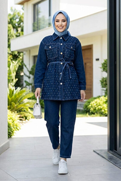 Hb Harma Time Butik Women's Stone Embellished Denim Blue Tunic Trousers Doubl...