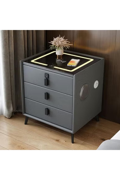 KEKE طاولة سرير LED مع شحن لاسلكي، قفل ببصمة الإصبع، مكبر صوت ومنفذ USB و3 أدراج