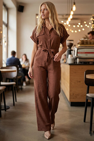 armonika Women's Brown Front Buttoned Belted Waist Pocketed Bat Sleeve Palazz...