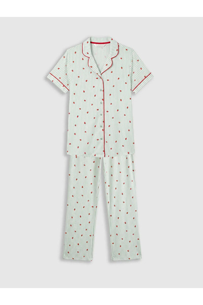LC Waikiki Lcw Dream Ecru Shirt Collar Strawberry Printed Maternity Pajama Set