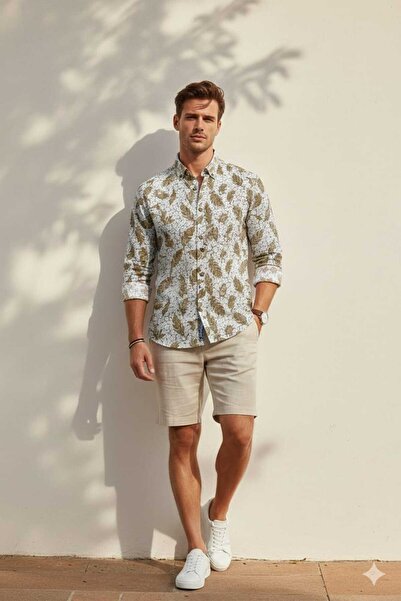 Louis Fabel Collar Buttoned Leaf Patterned Long Sleeve Men's Shirt