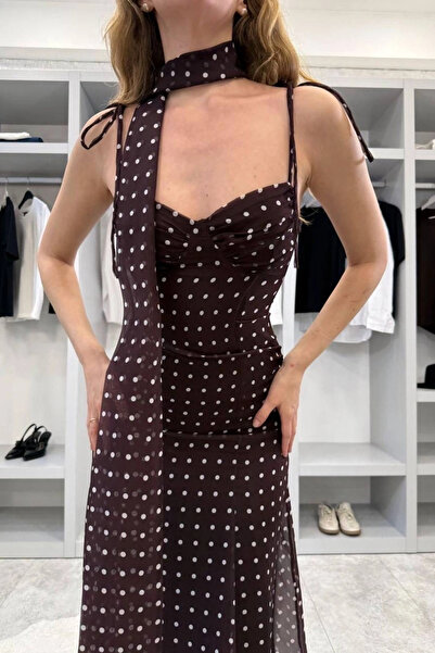 Eka Women's Brown Shawl Detailed Polka Dot Dress 1041-2777