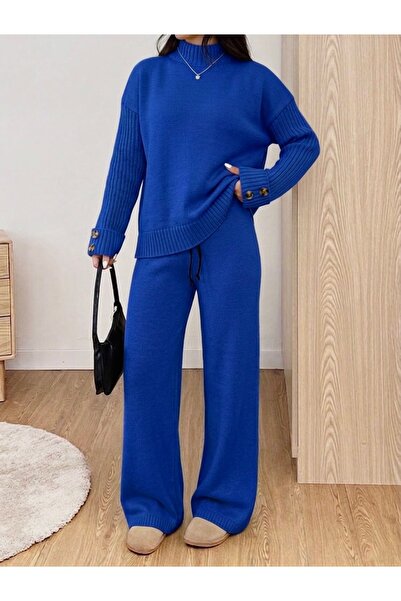 NLT Women's Ribbed Side Slit Detailed Buttoned Half Fisherman Knitwear Set -N...