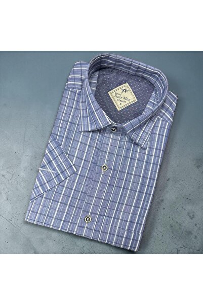 GÖMLEK GALERİSİ Classic Wide Cut Men's Plaid Cotton Short Sleeve Shirt