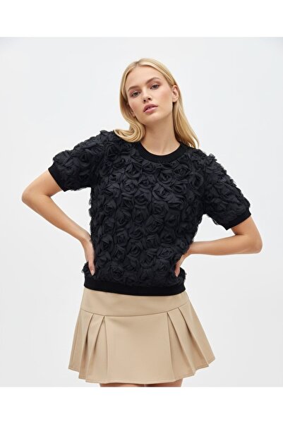 Arbucky Women's Crew Neck Organza Floral Knitwear Blouse