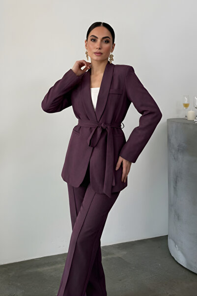 msm fashion Kadın İkili Kuşaklı Blazer Ceket Pantolon Takım