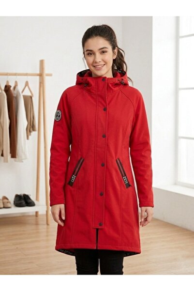 Banadamoda Red Softshell Hooded Double Face Trendy Coat with Zipper Pockets