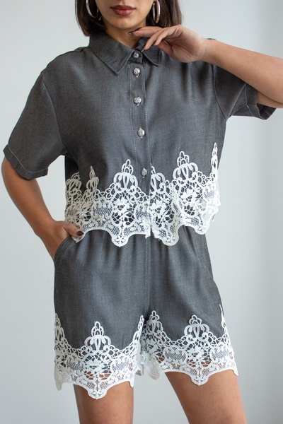 Ded COLLECTION Women's Denim Look Stylish White Lace Embroidered Short Sleeve...