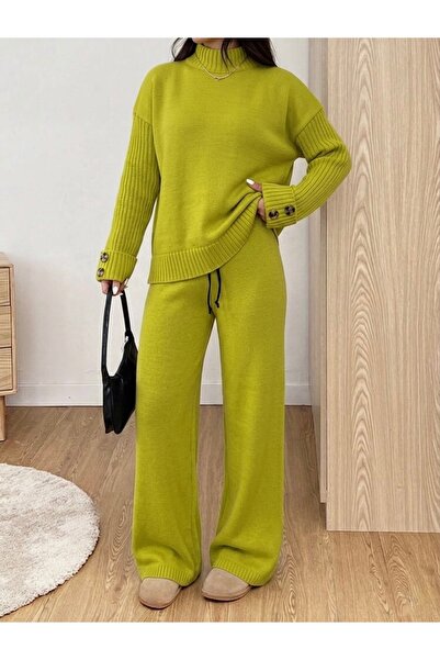 NLT Women's Ribbed Side Slit Detailed Buttoned Half Fisherman Knitwear Set -N...