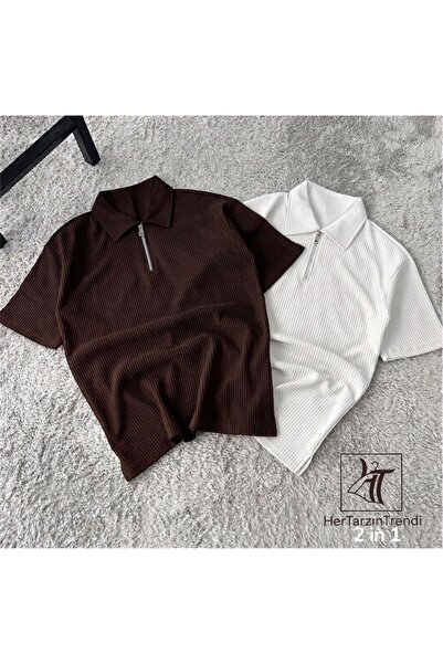 HerTarzınTrendi تي شيرت من القماش العثماني الفاخر ذو ياقة بولو ونصف سحاب، قطع...