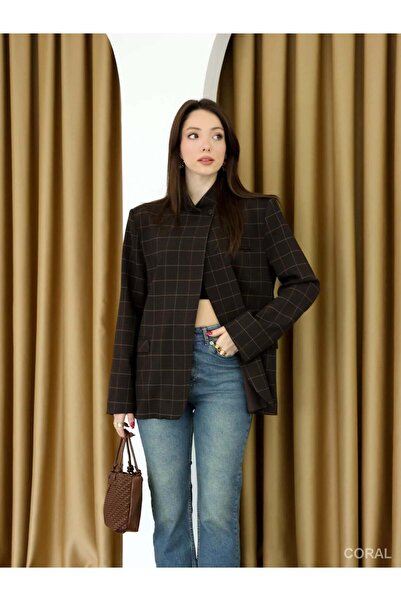 Coral High Collar Checkered Jacket 9731 Brown